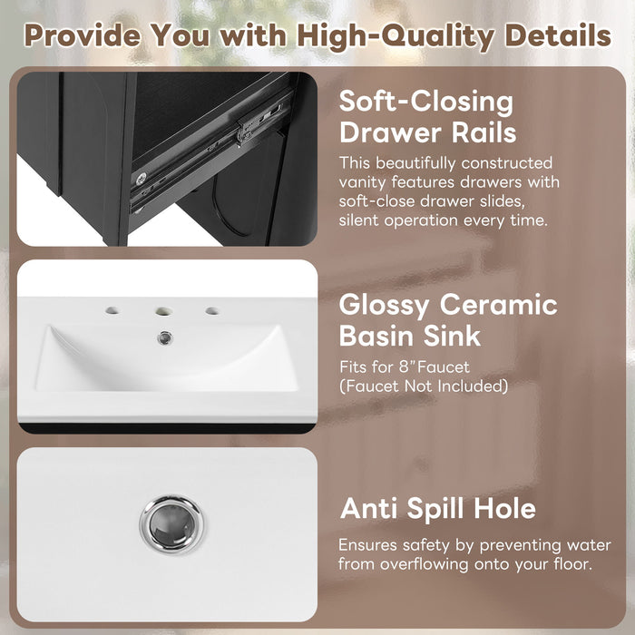 Floating Bathroom Vanity With Oval Knobs & Round Edge, Soft Close Drawer Slides