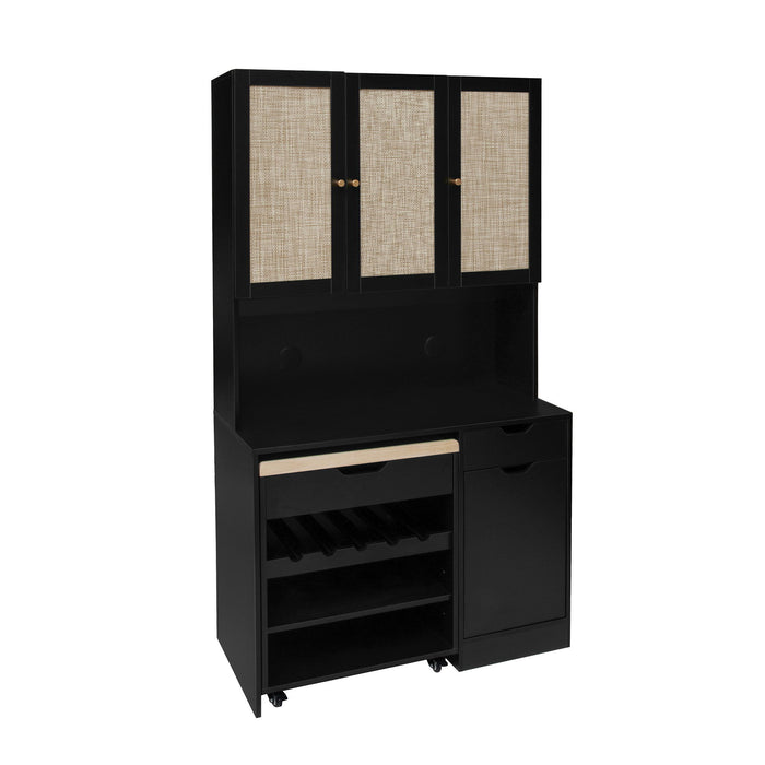 Kitchen Pantry Storage Cabinet, Modern Buffet Cabinet With Kitchen Cart, Tall Kitchen Hutch Cabinet With Microwave Stand, Food Pantry Cabinet With 3 Rattan Doors And Adjustable Shelves - Black