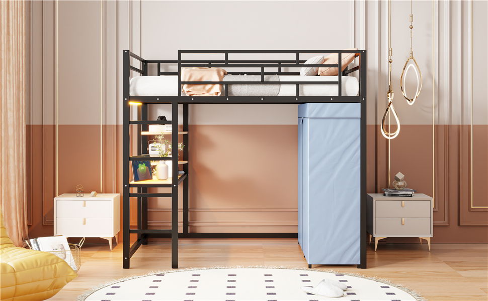 Loft Bed With Desk, Shelves, Power Outlet, LED Light And Wardrobe