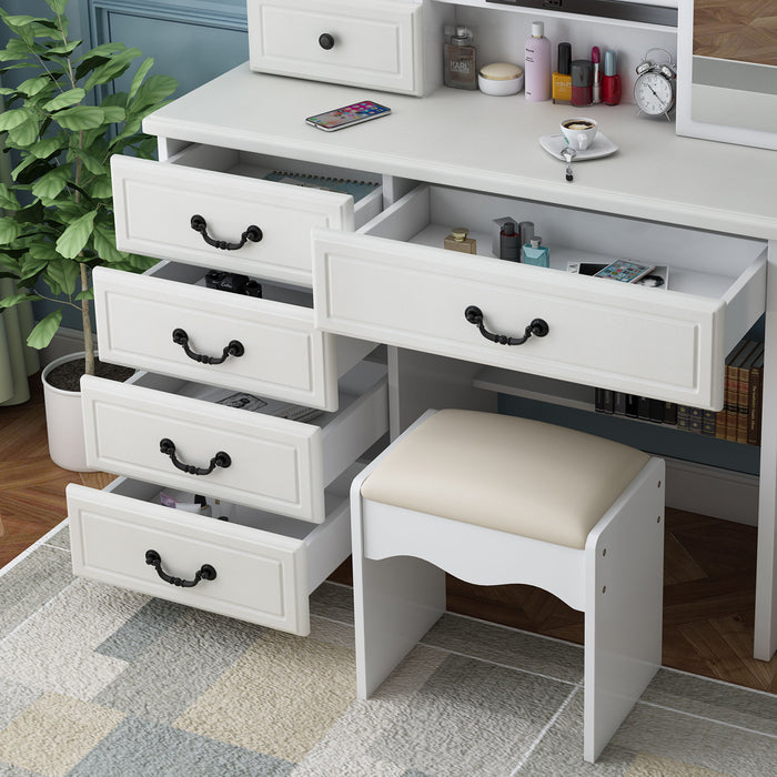 Fashion Vanity Desk With Mirror And Adjustable Lighting, 6 Drawers, 3 Color Light Modes - White