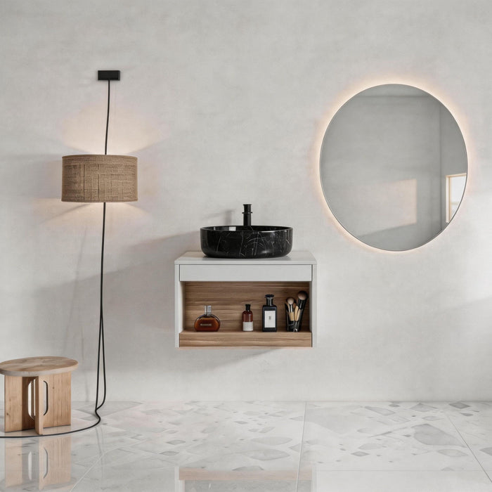 Floating Bathroom Vanity With Vessel Sink With Open Shelf Storage