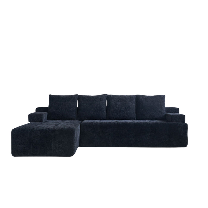 L - Shaped Sectional Sofa With Side Pockets, Wireless Charging, USB Ports, Cup Holder, Bluetooth Speaker, Reversible Lounge Chaise - Black