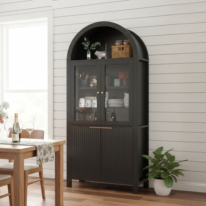 Fluted Tall Arched Pantry Cabinet With Adjustable Shelves, Glass Door & Hidden Drawer For Kitchen