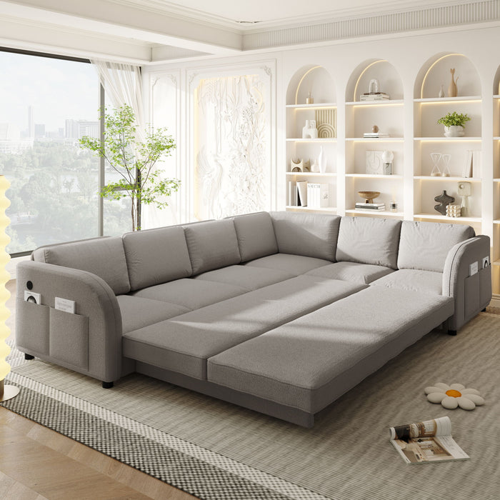 L-Shaped Couch With Pull-Out Bed, Convertible Sleeper Sofa With Side Pocket & USB Port