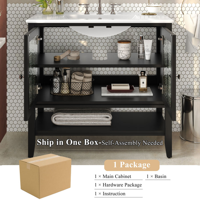 Bathroom Vanity With Ceramic Sink, Adjustable & Open Shelf