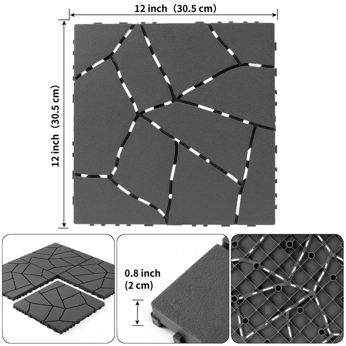 Stone Style Patio Deck Tiles, Diy Interlocking Outdoor Indoor Floor Tiles (Set of 44) - Dark Gray