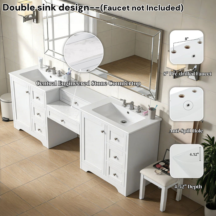 Double Sink Bathroom Vanity With Countertop, 2 Ceramic Sinks, 6 Drawers, Soft Close Design
