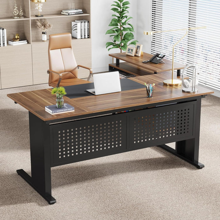 L-Shaped Executive Desk With File Cabinet , Office Workstation With Drawers, Shelves & Storage