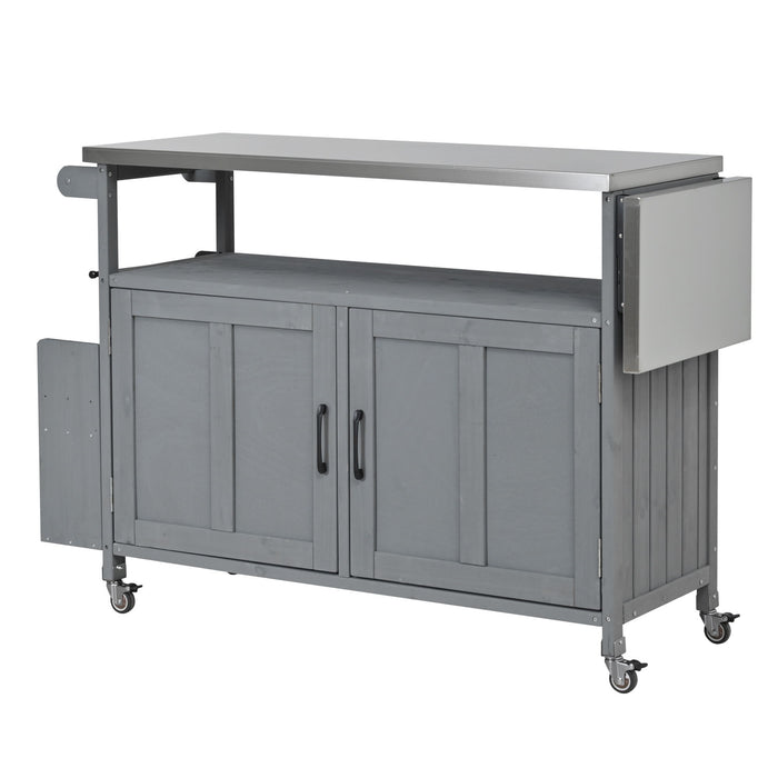 Foldable Outdoor Kitchen Island With Lockable Wheels, Storage Cabinet And Towel Rack For Patio