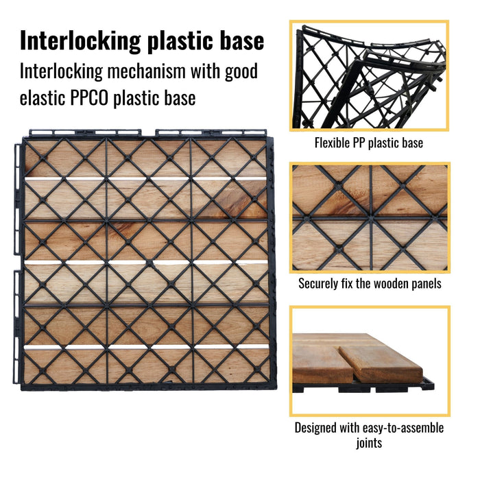 Interlocking Deck Tiles Striped Pattern, Square Acacia Hardwood Outdoor Flooring For Patio, Bancony, Pool Side