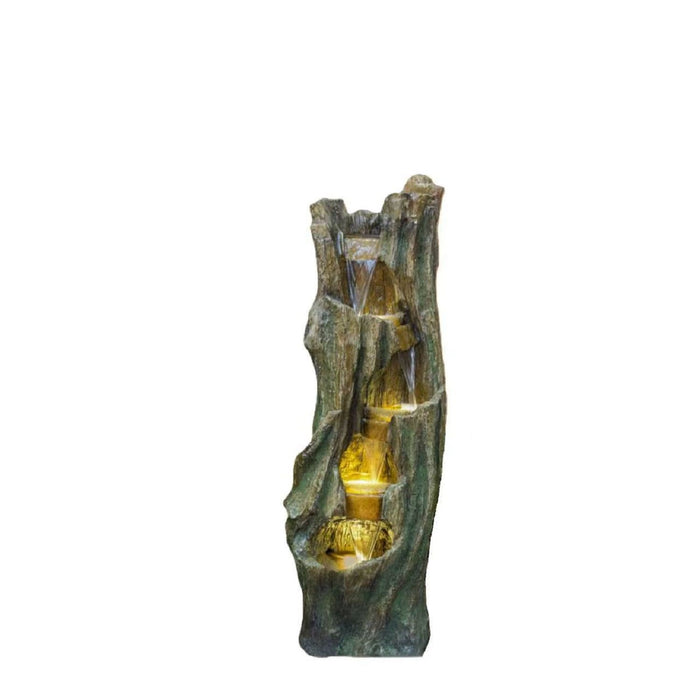 Tree Trunk Cascading Water Fountain, Outdoor LED Lighted - Gray