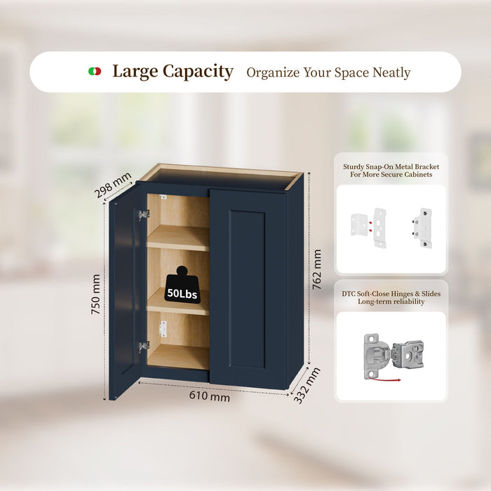 Shaker Wall Cabinet With Soft Close Hinges, Adjustable Shelves, Double Door