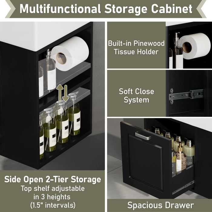 Modern Wall Mounted Bathroom Vanity With Sink, Soft Close Drawer, Adjustable Shelf, Toilet Paper Holder