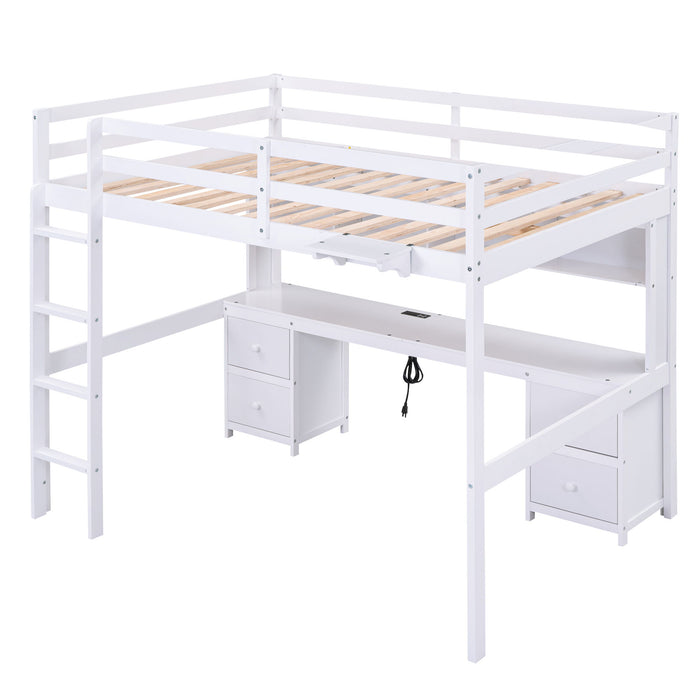 Full Size Loft Bed With Desk, Cabinets, Drawers, Charging Station And Bedside Tray, Sturdy Frame, No Box Spring Required - White
