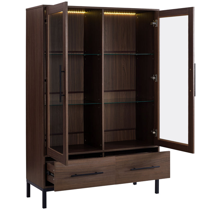 Modern Style Tall Display Cabinet With LED Lighting, Tempered Glass Door, 2 Drawers