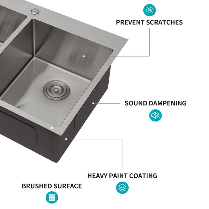 Double Bowl Drop In Sink, Stainless Steel With 50 / 50 Basins 18 Gauge - Brushed Nickel