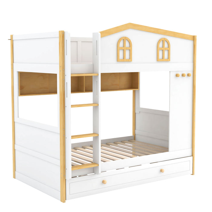 Bunk Bed With House Shaped Guardrails, Storage Shelves, And Trundle