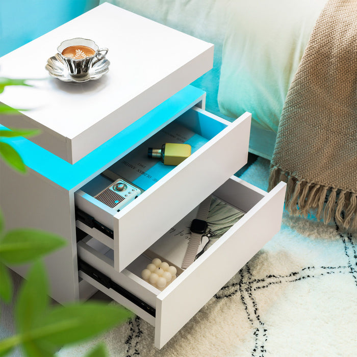 Modern LED Bedside Table Cabinet With Adjustable Lights And 2 Drawers - White
