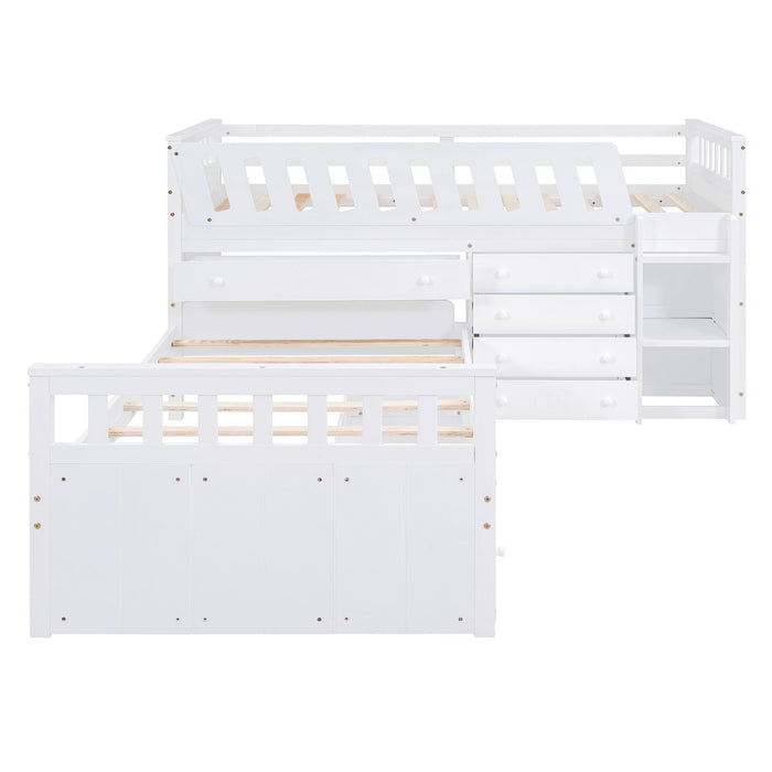 Loft Platform Bed With 7 Drawers And Full Guardrails, Modern L Shaped Space Savin