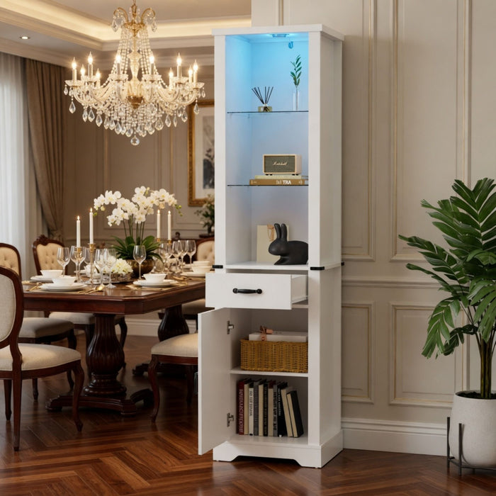 Pantry Cabinet With LED Lights And Barn Door With Tempered Glass Shelves - White