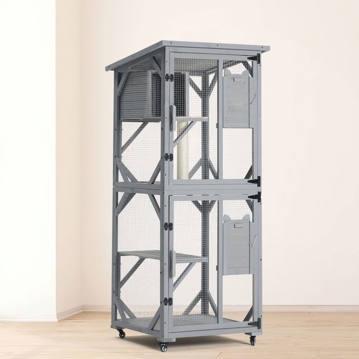 Large Cat House Outdoor Catio Cat Enclosures On Wheels, Kitty House With Upgraded Resting Box Waterproof Roof - Gray