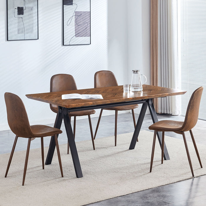 Suede Backrest Chairs With Metal Legs & Herringbone Dining Table Set