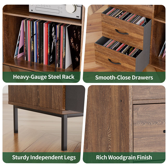 Eco-Friendly Vinyl Record Player Stand With Flip-Top Storage, Media Console With Dual Outlets And Dustproof Drawers