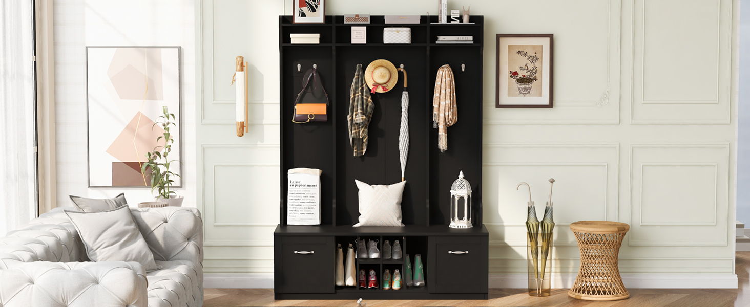 5 In 1 Entryway Bench With Coat Rack, 7 Sturdy Hooks, 2 Spacious Drawers And Adjustable Shelves