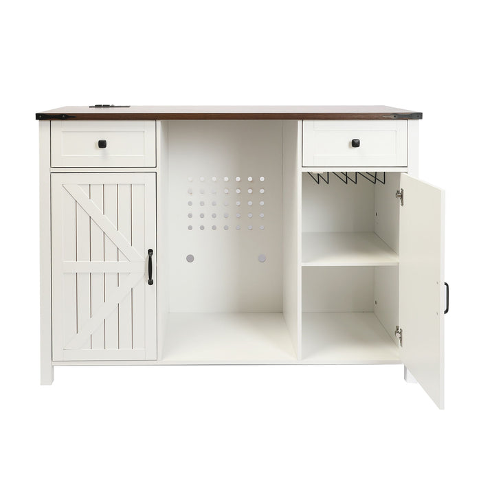 Coffee Bar With Mini Fridge Space & Built In Charging Station, Large Bar Cabinet With Drawers & Adjustable Shelves For Kitchen - White