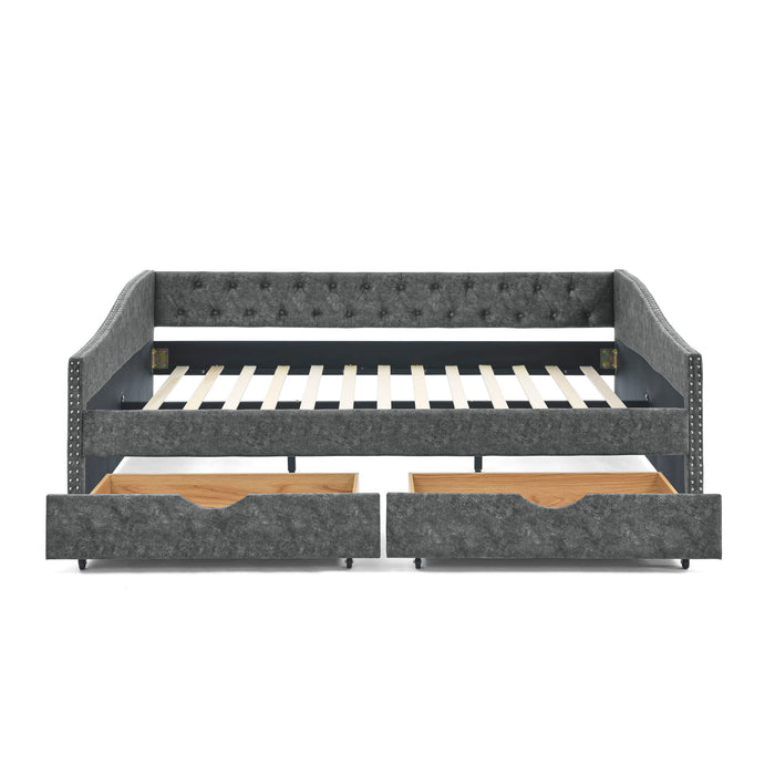 Upholstered Tufted Daybed With 2 Drawers, Waved Arms