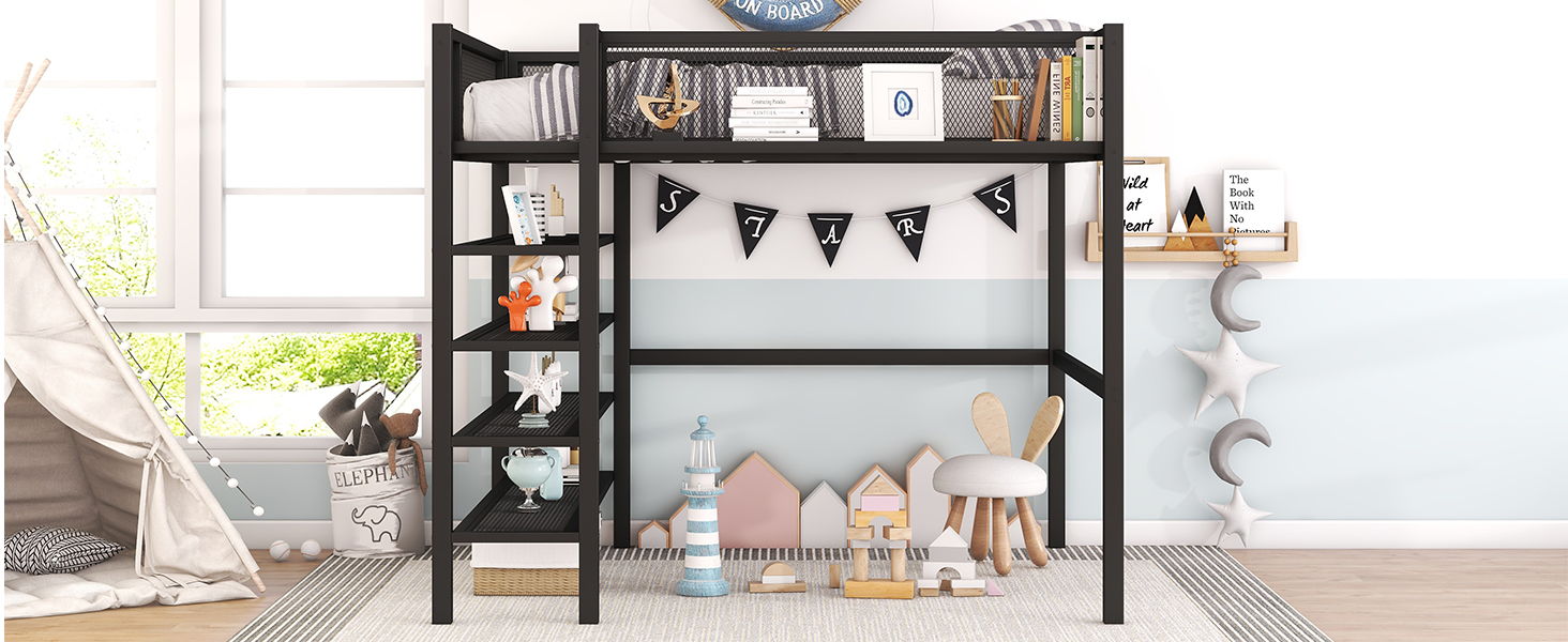 Loft Bed With 4 Tier Shelves And Storage