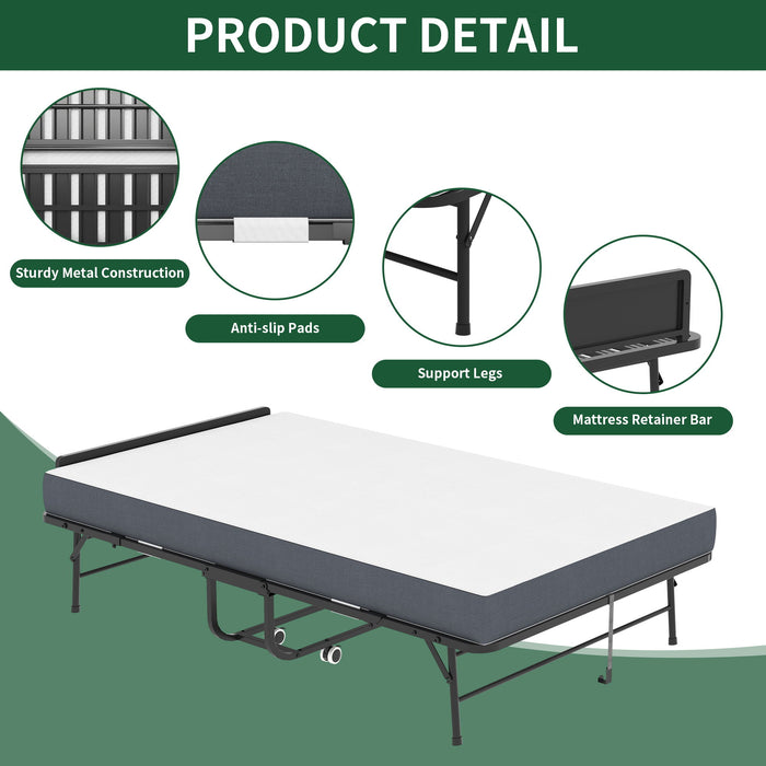 Twin Wide Folding Bed With Adjustable Headboard, Extra Long Rollaway For Tall People, Memory Foam Mattress - Black