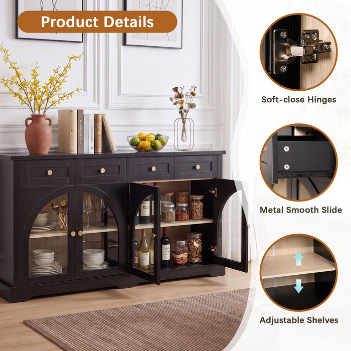 Sideboard Cabinet With 4 Drawers And 4 Arched Doors, Accent Storage Cabinet With Adjustable Shelves For Dining Room - Black