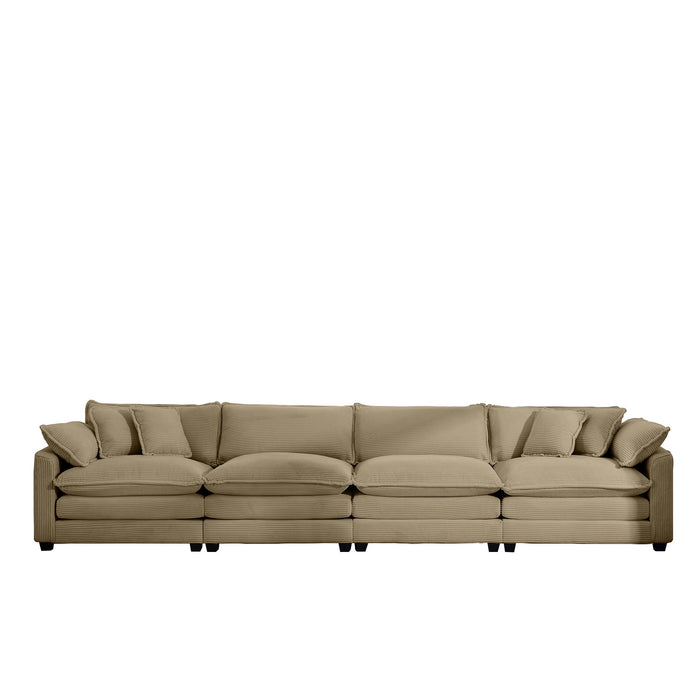 Modern Upholstered 4 Seater Corduroy Fabric Sofa With Arm And Throw Pillows