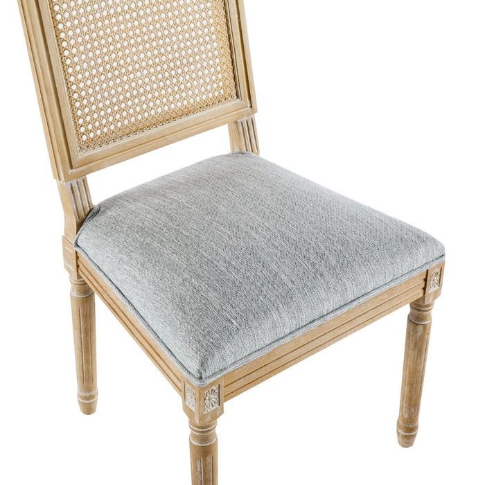 French Country Dining Chair With Rectangular Cane Backrest And Smooth Upholstered Seating