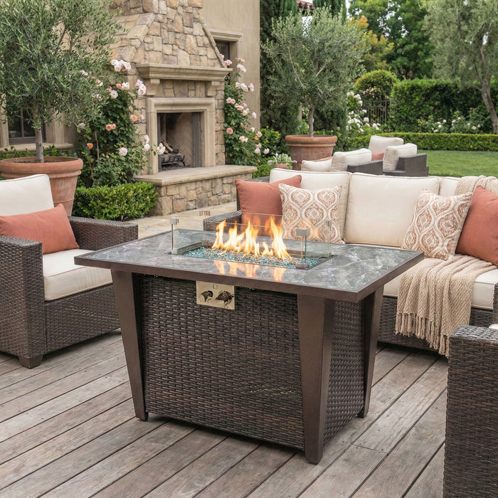 Fire Pit Table, Glass Wind Guard And Rain Cover, Lid - Brown