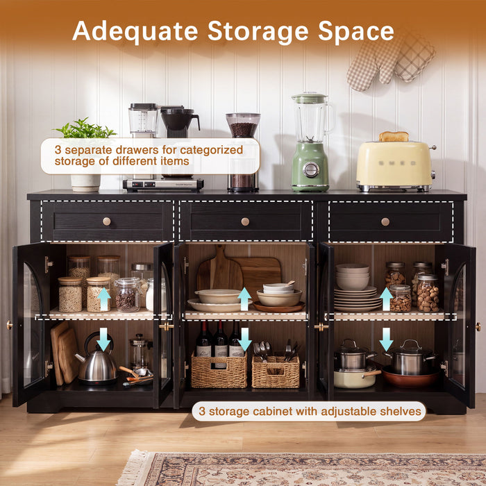 Sideboard Cabinet With 3 Drawers And 6 Arched Doors, Accent Storage Cabinet With Adjustable Shelves For Dining Room - Black