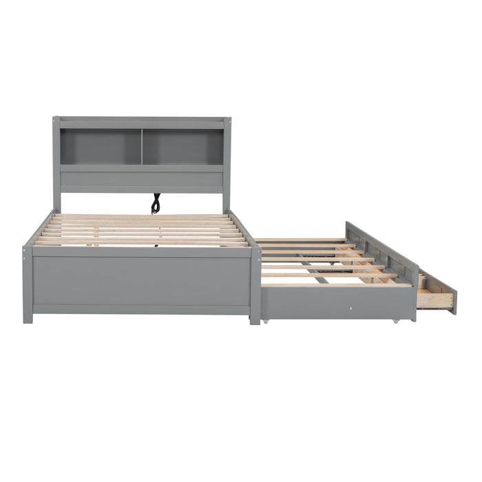 Full Size Platform Bed With Trundle, Drawers, USB Ports And Built In Shelves - Gray