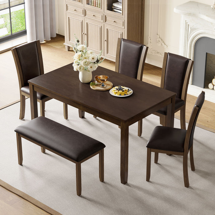 6 Piece Dining Table Set & Bench And Chairs For Dining Room - Dark Walnut