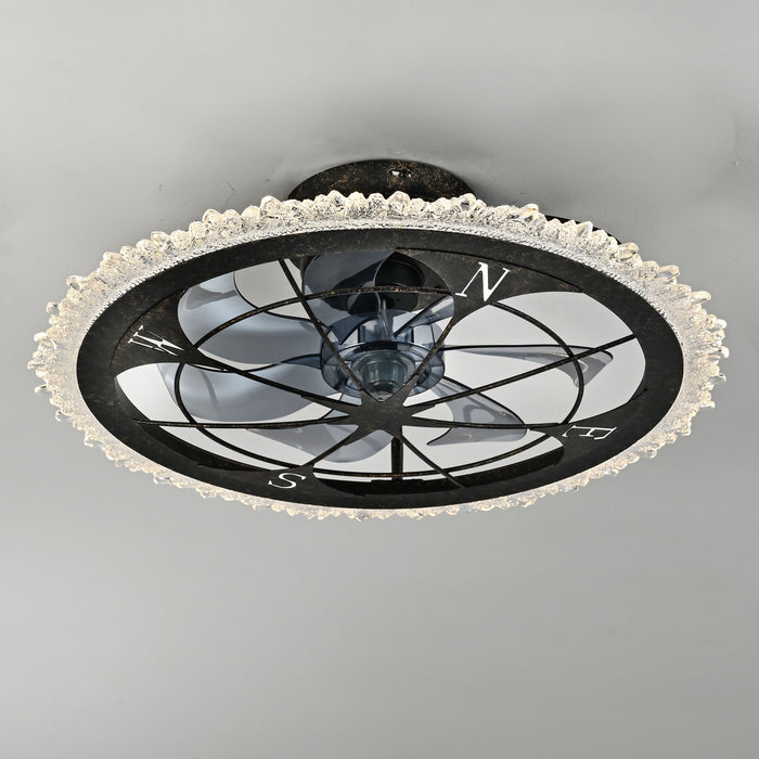 Caged Ceiling Fan & Remote Controlled Dimmable LED Lights, Flush Mount Fan, Low Profile Design - Antique Black