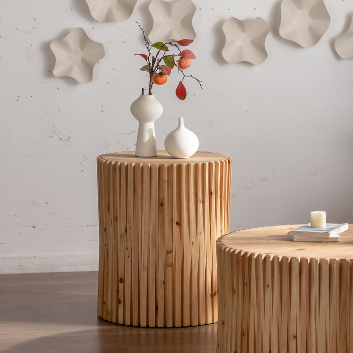 Cylindrical Coffee Table With Vertical Texture Relief For Living Room (Set of 2) - Natural