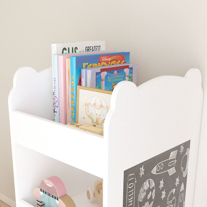 Bear Shaped Bookshelf With Chalkboard Side, 3 Tier Storage Organizer For Playroom - White