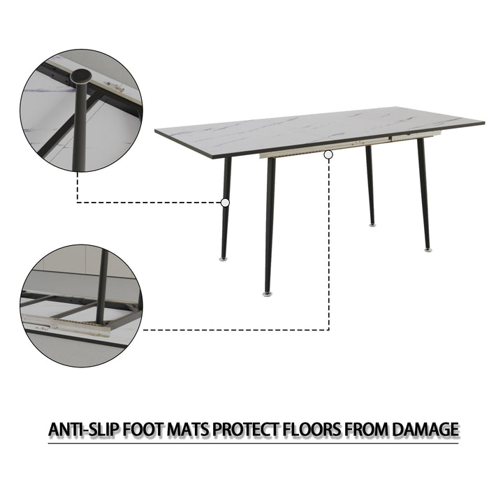 Modern Industrial Expandable Dining Table 47" To With Marble Pattern Top And Metal Legs - White