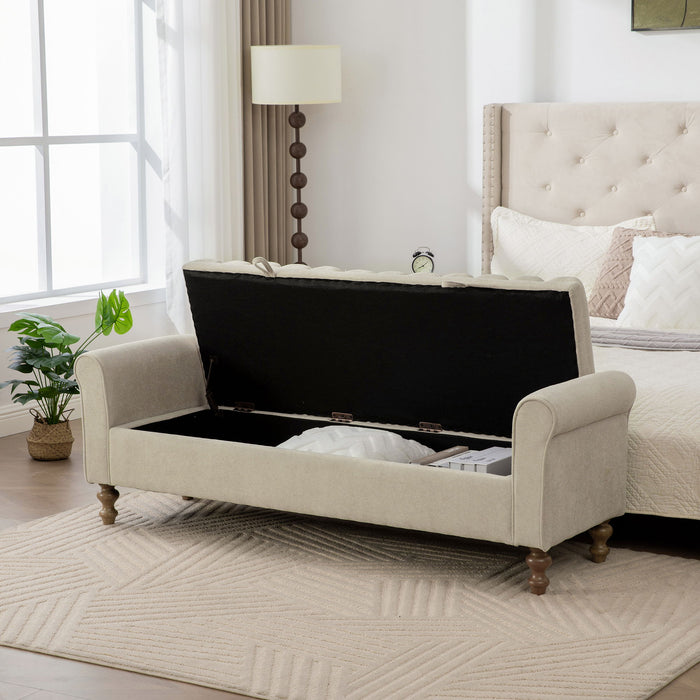 Wide Upholstered Storage Bench With Rolled Armrest For Bedroom - Griege