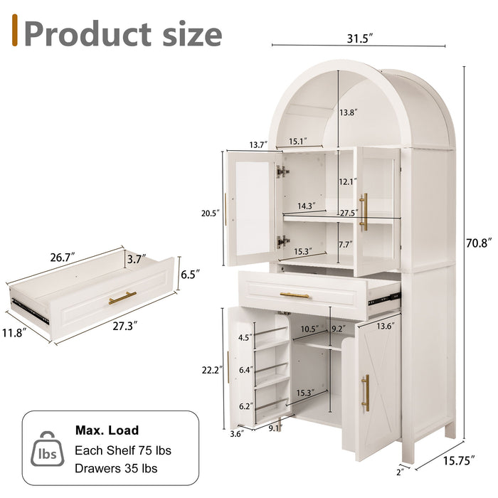 Arched Kitchen Pantry Cabinet With Adjustable Shelves & Barn Door Design