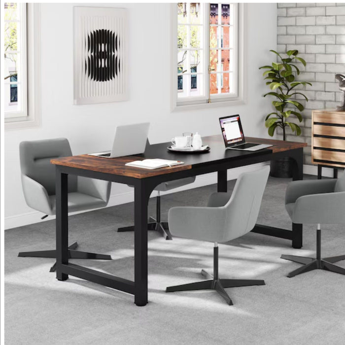 Executive Office Desk, Large Computer Workstation With Thick Frame - Brown / Black