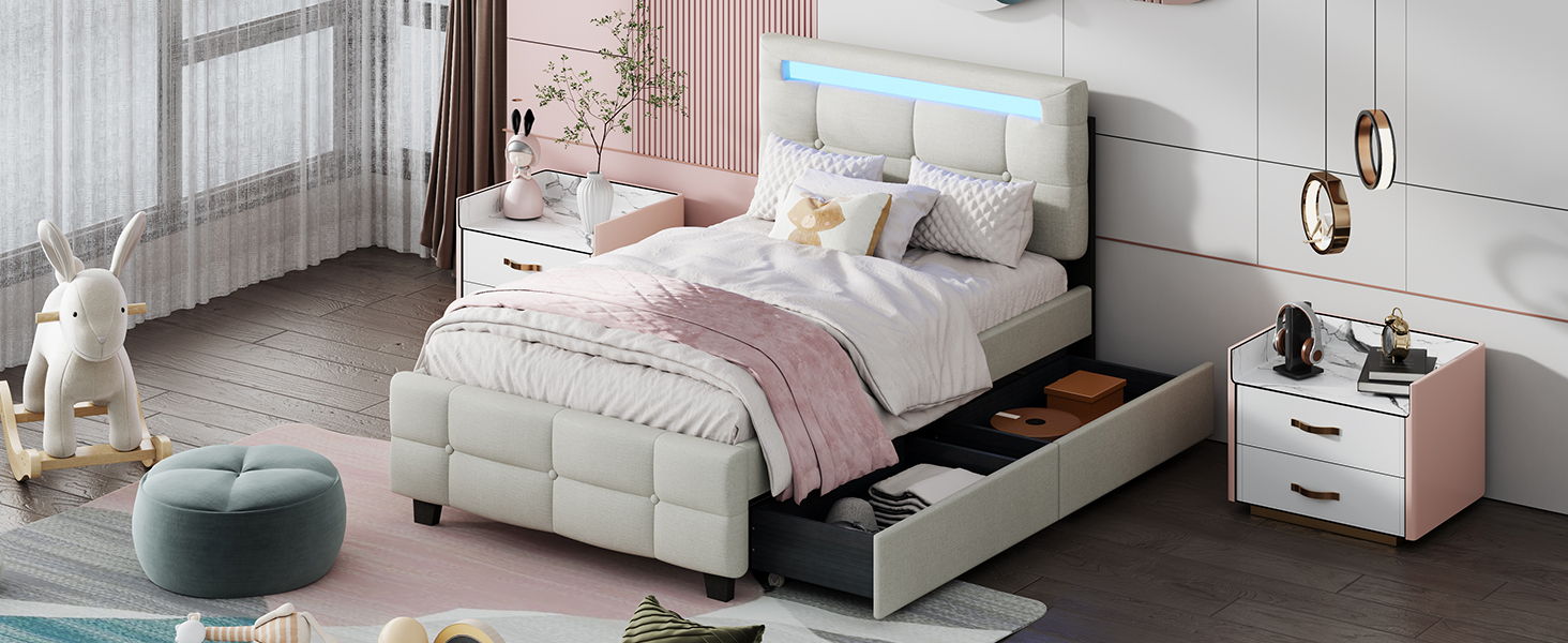 Upholstered Platform Bed With LED Frame, With Trundle And 2 Drawers