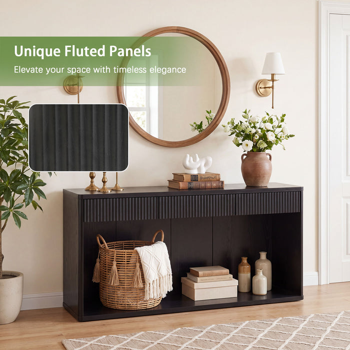 Fluted Console Table With 3 Drawers, Long Sofa Table Behind Couch For Living Room - Black