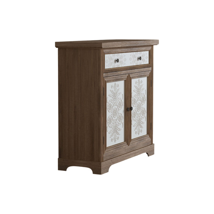 Accent Cabinet With Carved Floral Panels, Sideboard With Drawer And Double Doors - Antique Brown / White
