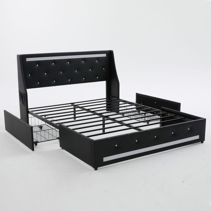 Wingback Upholstered Bed Frame With LED Lights, Charging Station